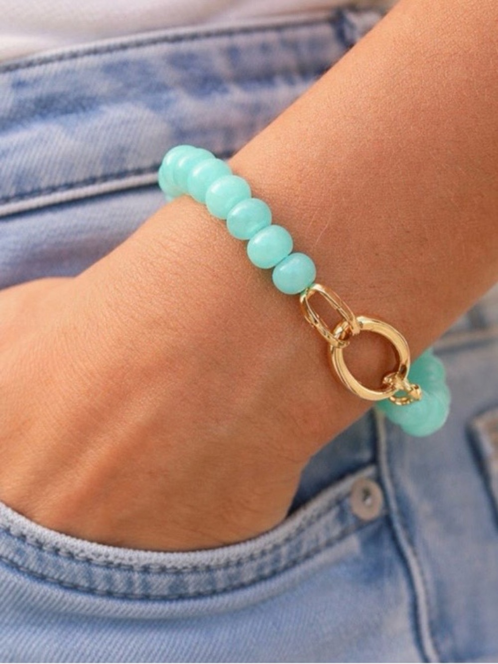 Erin McDermott Crème de Menthe Aqua Blue ‎ Beaded Bracelet, Gold Clasp, NWT